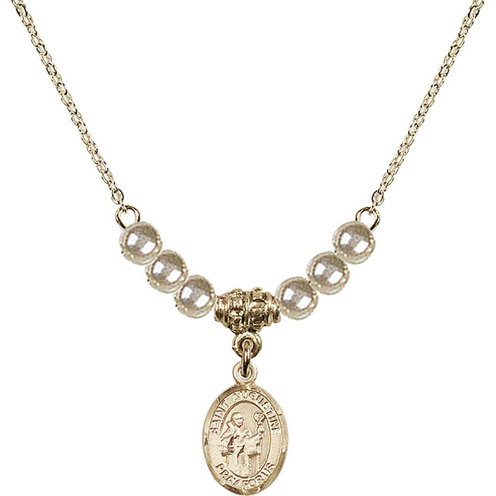 14kt Gold Filled Saint Augustine Birthstone Necklace with Faux-Pearl Beads - 9007
