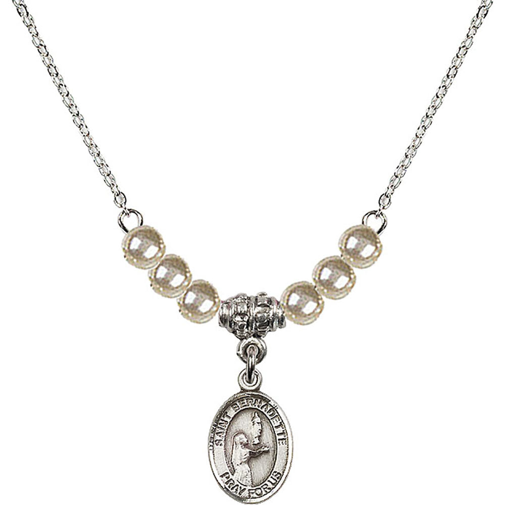 Sterling Silver Saint Bernadette Birthstone Necklace with Faux-Pearl Beads - 9017