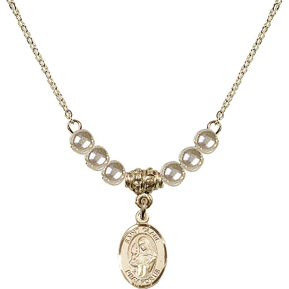 14kt Gold Filled Saint Clare of Assisi Birthstone Necklace with Faux-Pearl Beads - 9028