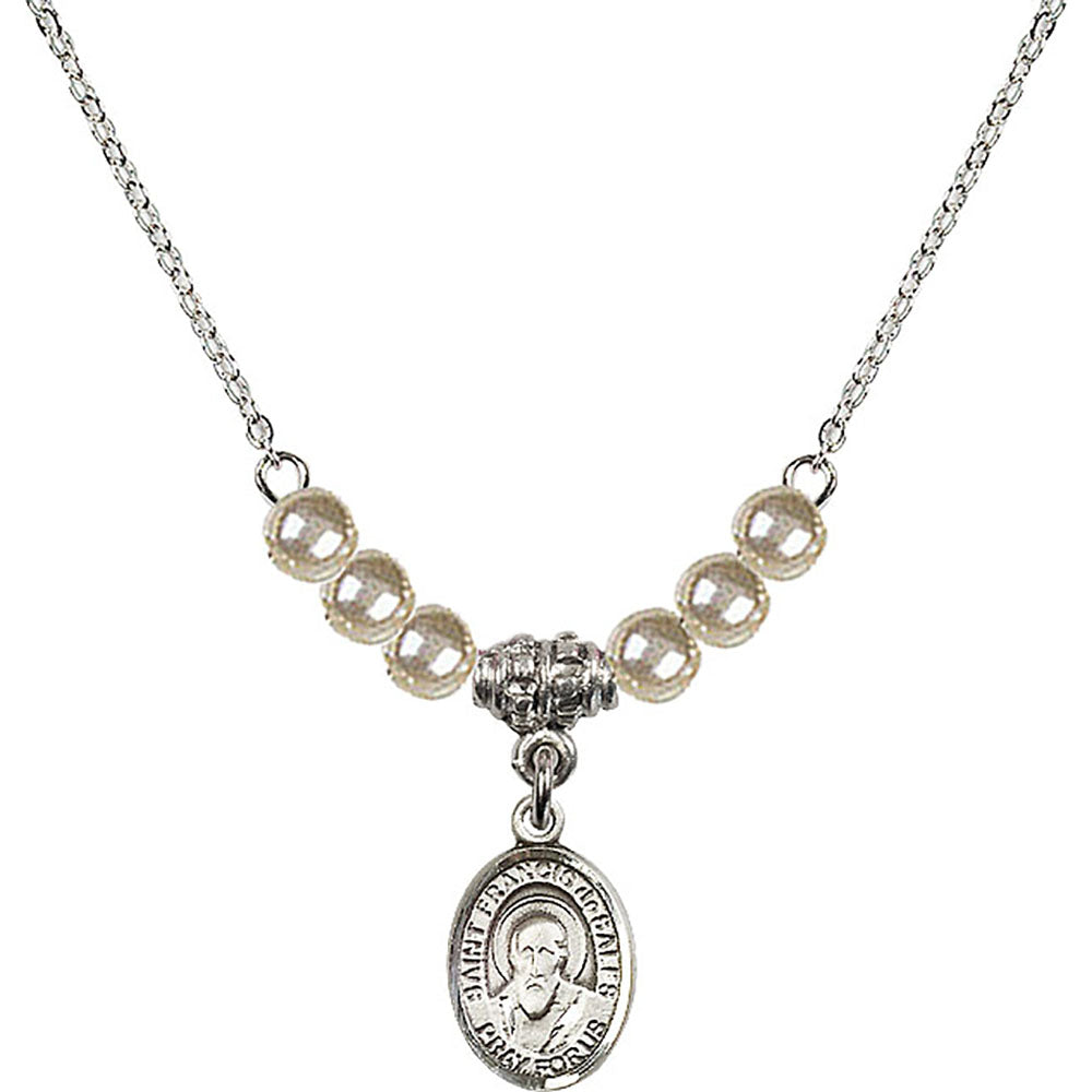 Sterling Silver Saint Francis de Sales Birthstone Necklace with Faux-Pearl Beads - 9035