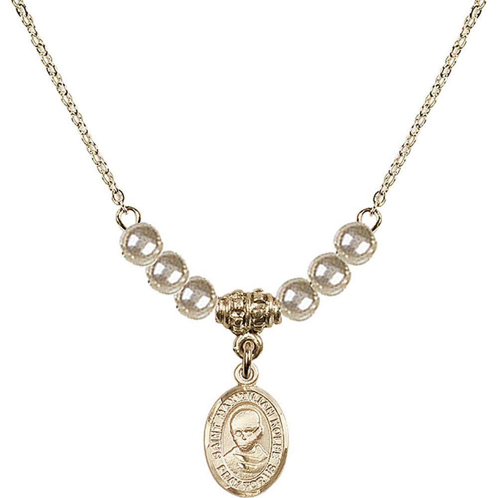 14kt Gold Filled Saint Maximilian Kolbe Birthstone Necklace with Faux-Pearl Beads - 9073