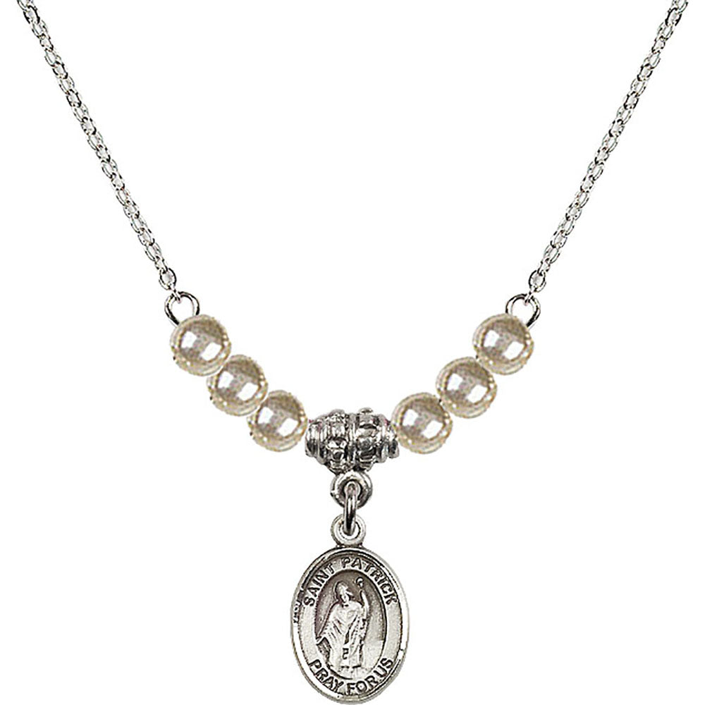 Sterling Silver Saint Patrick Birthstone Necklace with Faux-Pearl Beads - 9084