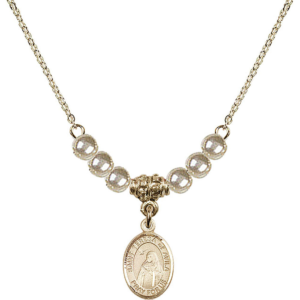 14kt Gold Filled Saint Teresa of Avila Birthstone Necklace with Faux-Pearl Beads - 9102
