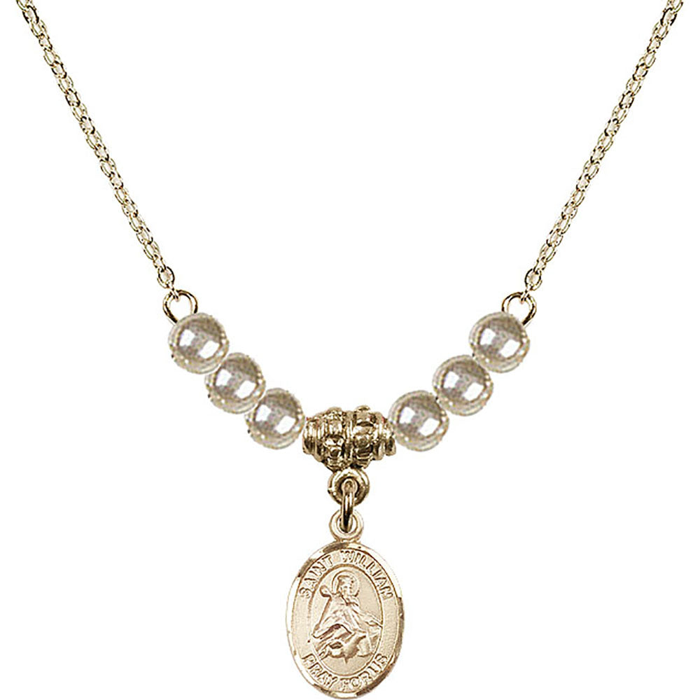 14kt Gold Filled Saint William of Rochester Birthstone Necklace with Faux-Pearl Beads - 9114