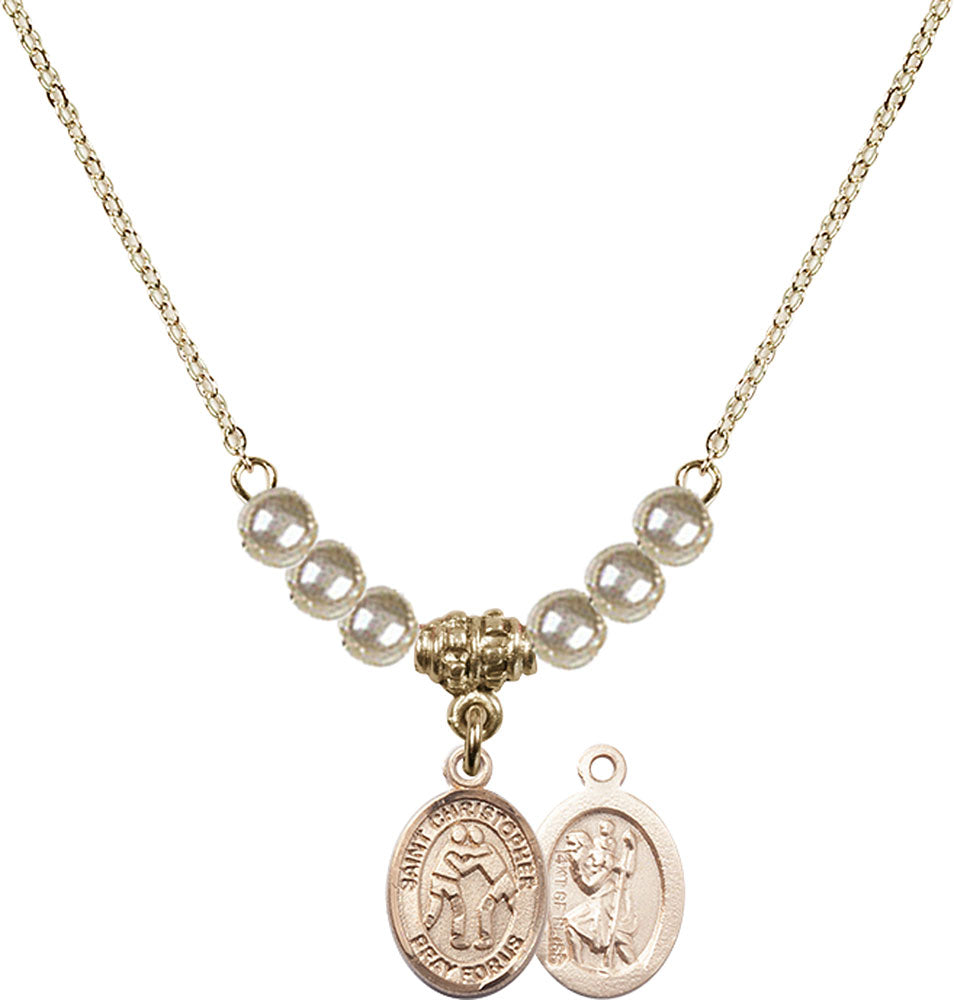 14kt Gold Filled Saint Christopher/Wrestling Birthstone Necklace with Faux-Pearl Beads - 9159