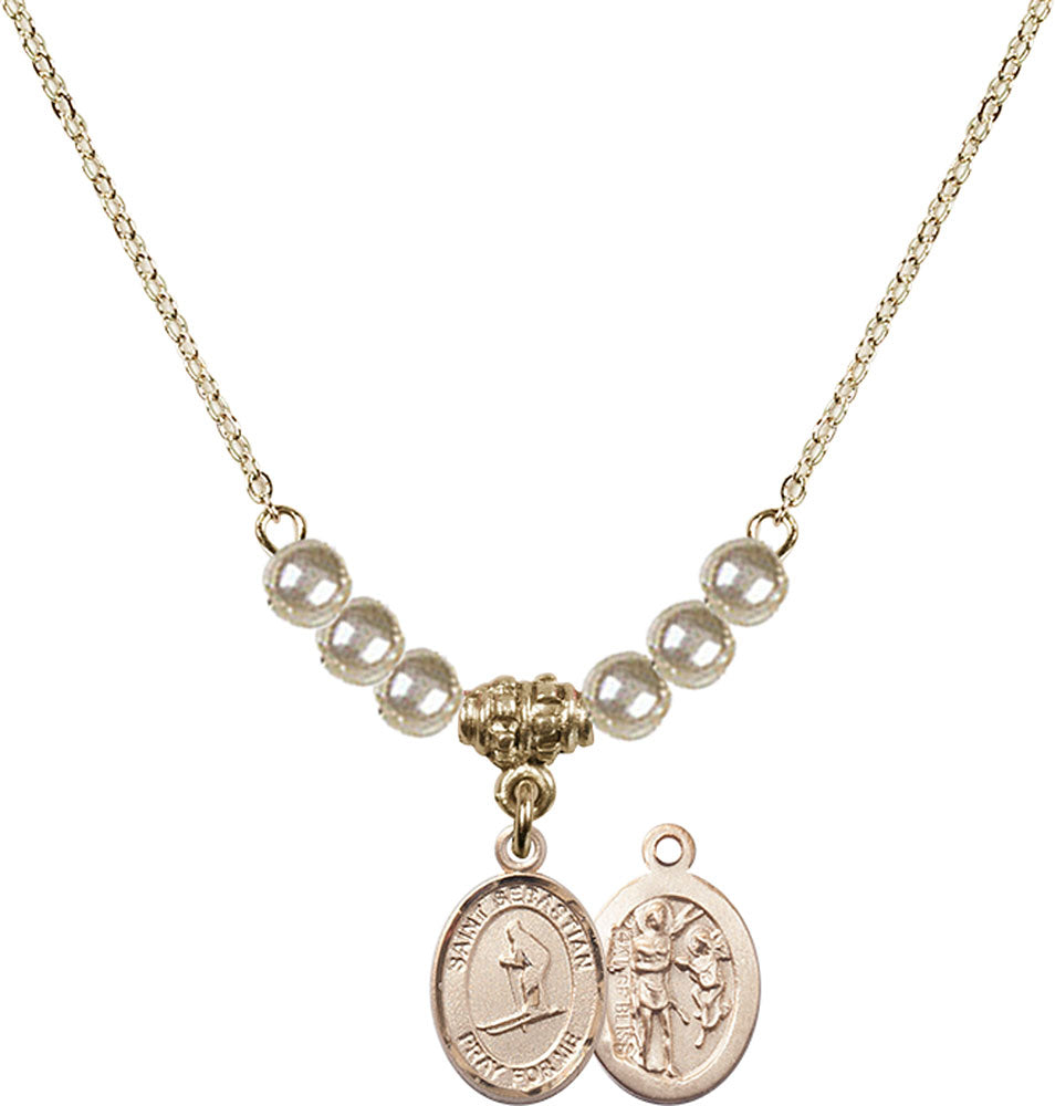 14kt Gold Filled Saint Sebastian/Skiing Birthstone Necklace with Faux-Pearl Beads - 9169