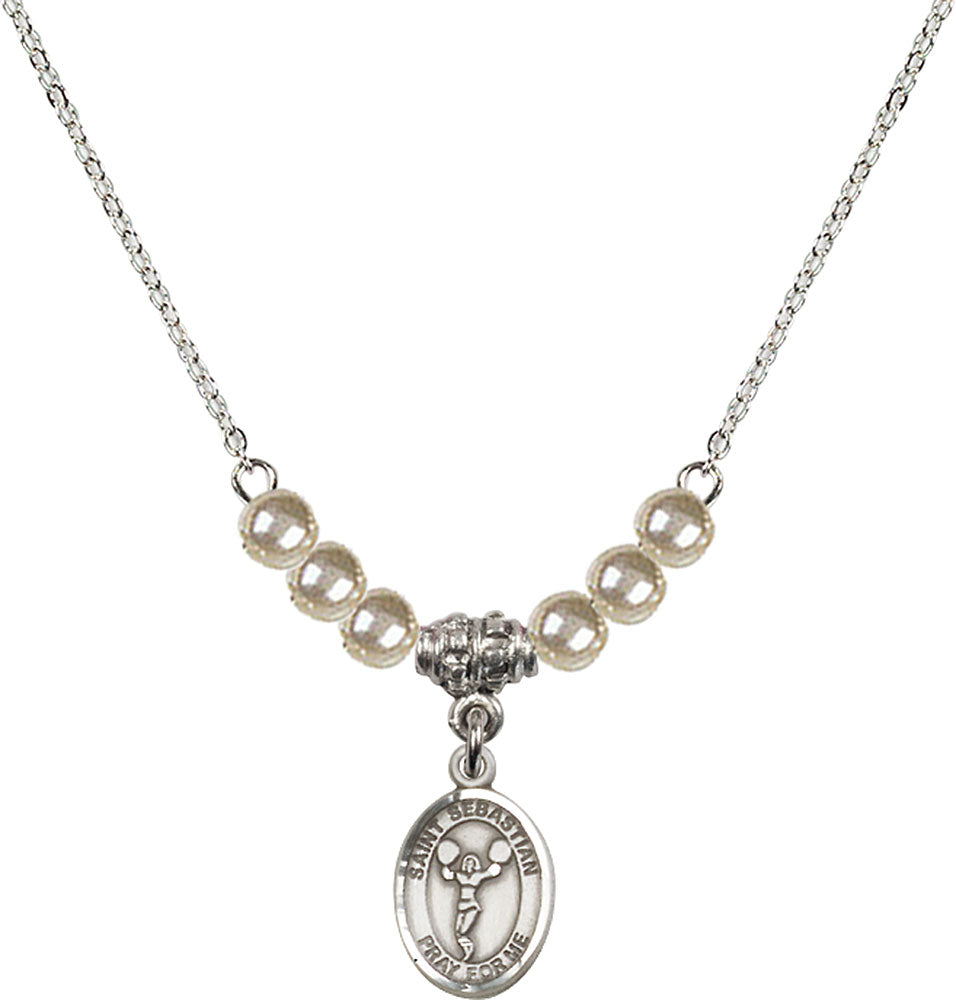 Sterling Silver Saint Sebastian/Cheerleading Birthstone Necklace with Faux-Pearl Beads - 9170