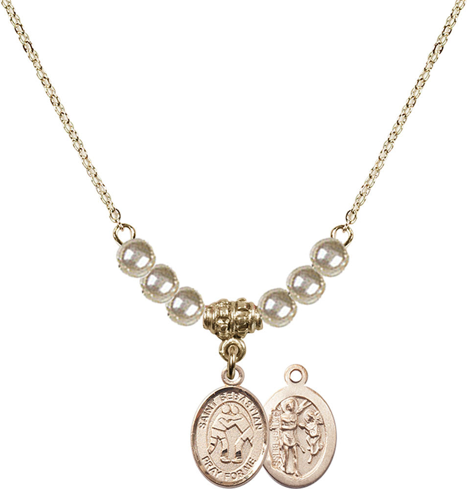 14kt Gold Filled Saint Sebastian/Wrestling Birthstone Necklace with Faux-Pearl Beads - 9171