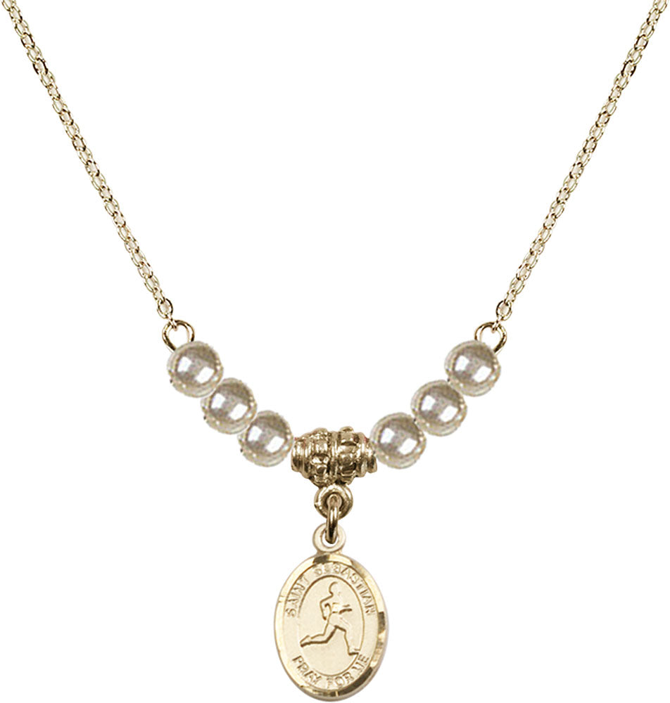 14kt Gold Filled Saint Sebastian/Track & Field Birthstone Necklace with Faux-Pearl Beads - 9176