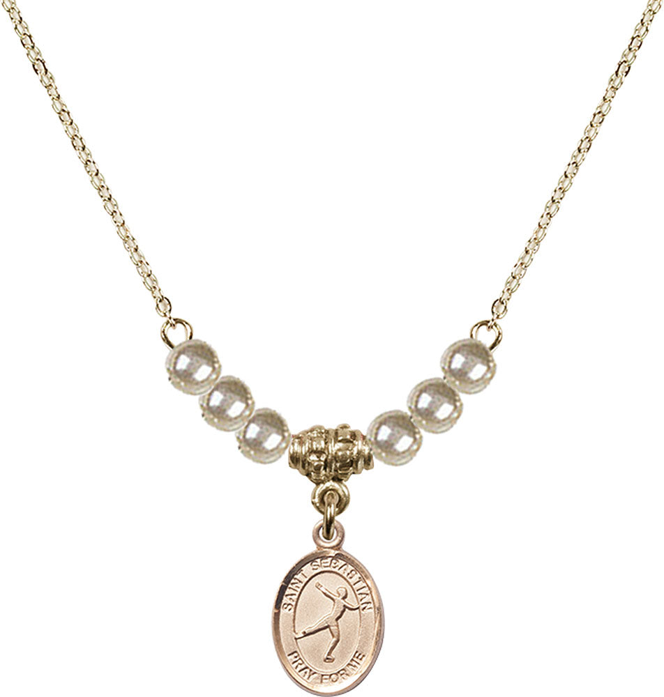 14kt Gold Filled Saint Sebastian/Figure Skating Birthstone Necklace with Faux-Pearl Beads - 9177