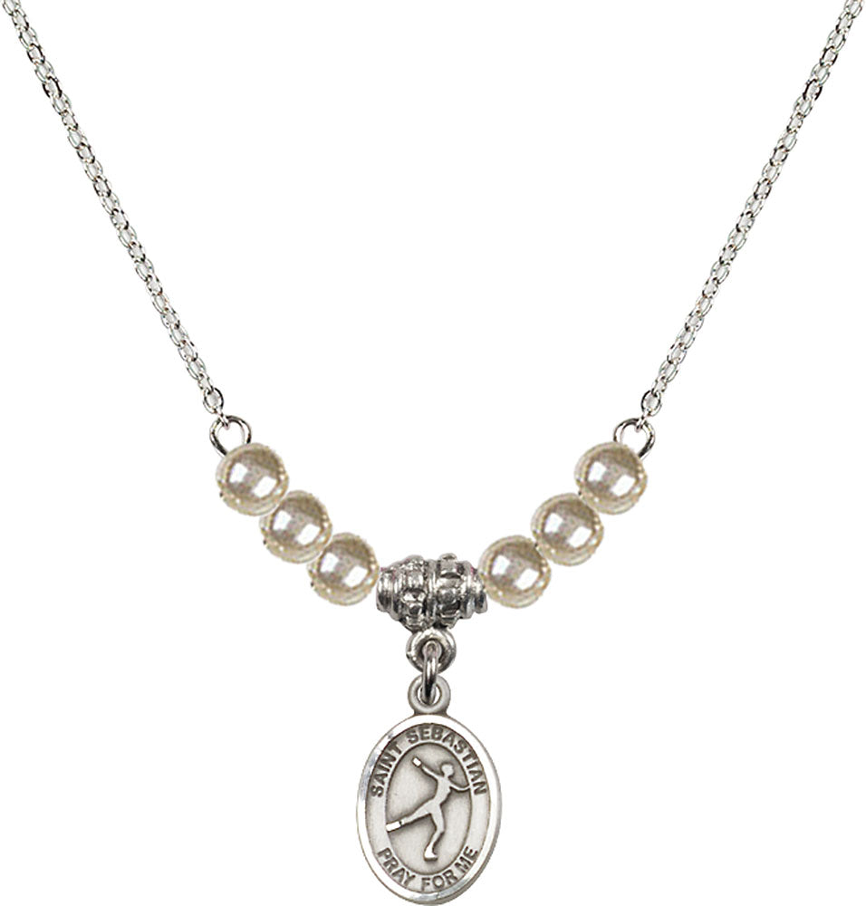Sterling Silver Saint Sebastian/Figure Skating Birthstone Necklace with Faux-Pearl Beads - 9177