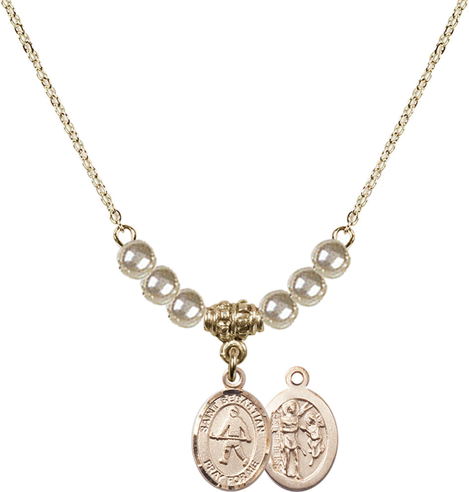 14kt Gold Filled Saint Sebastian/Field Hockey Birthstone Necklace with Faux-Pearl Beads - 9178