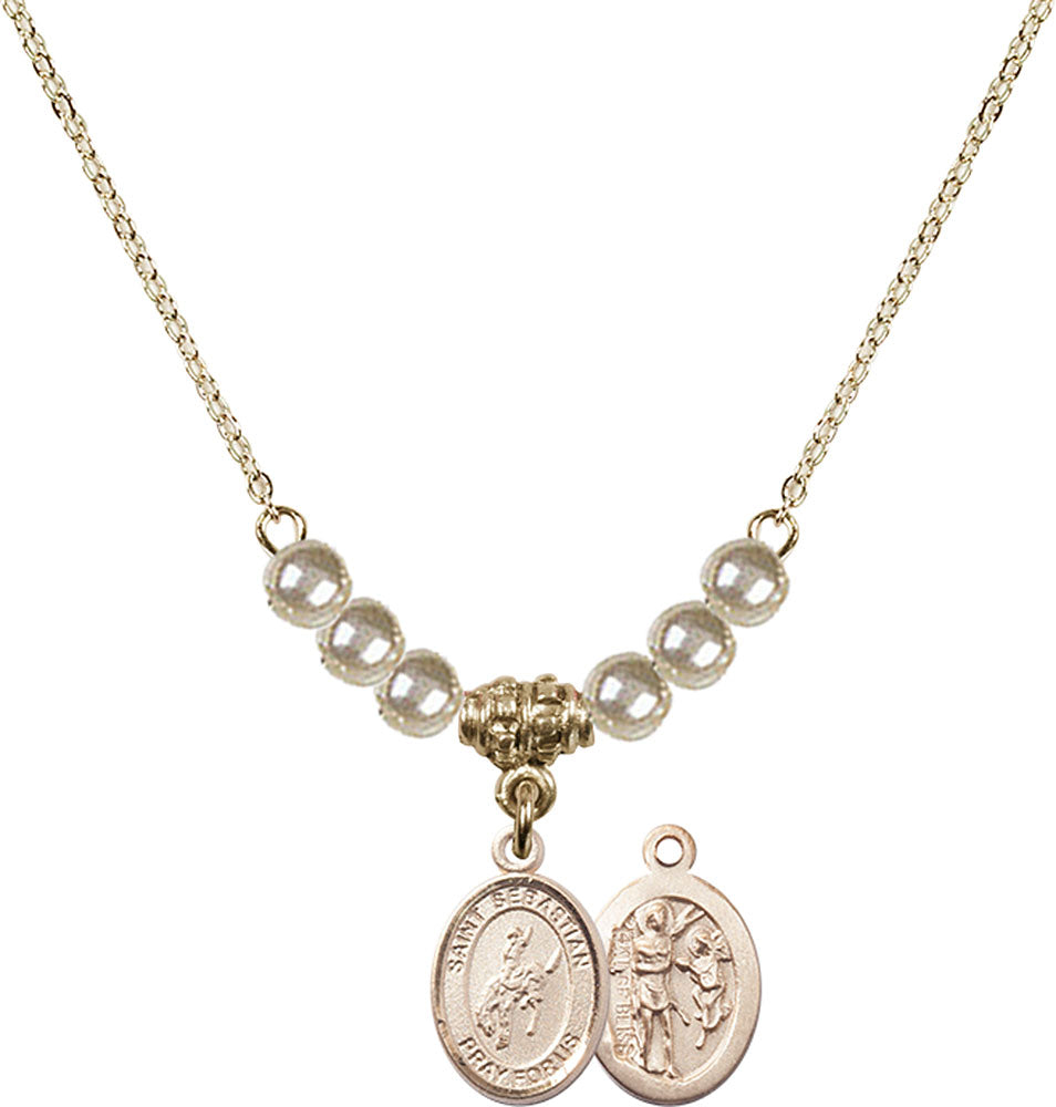14kt Gold Filled Saint Sebastian / Rodeo Birthstone Necklace with Faux-Pearl Beads - 9191