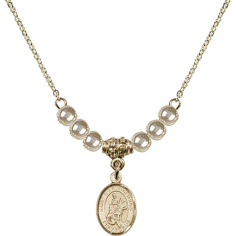 14kt Gold Filled Saint Martin of Tours Birthstone Necklace with Faux-Pearl Beads - 9200