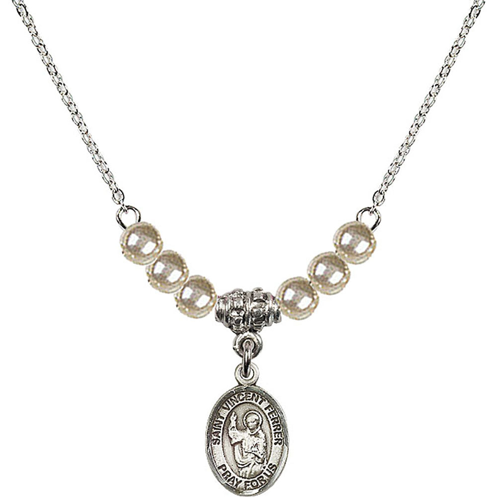 Sterling Silver Saint Vincent Ferrer Birthstone Necklace with Faux-Pearl Beads - 9201