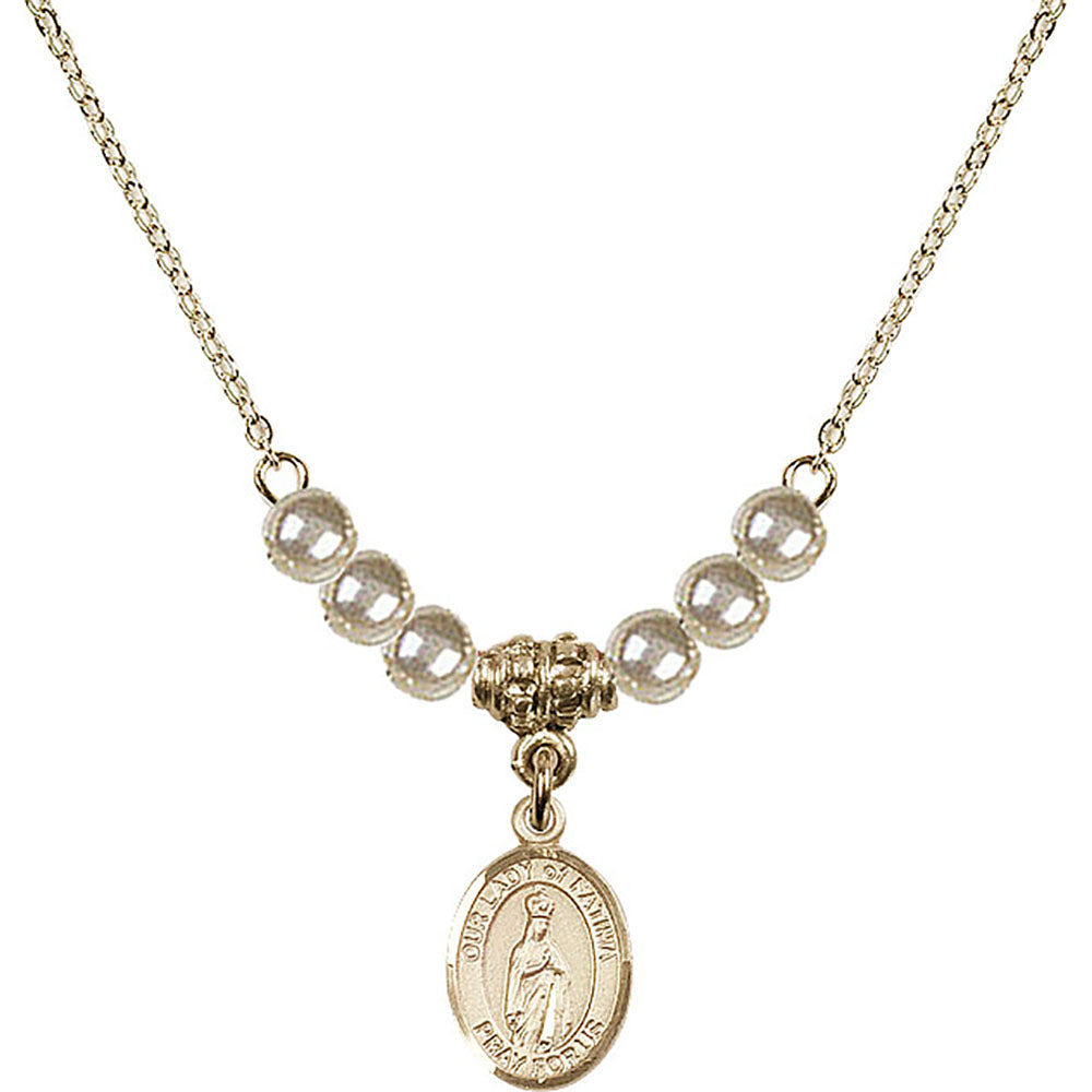 14kt Gold Filled Our Lady of Fatima Birthstone Necklace with Faux-Pearl Beads - 9205