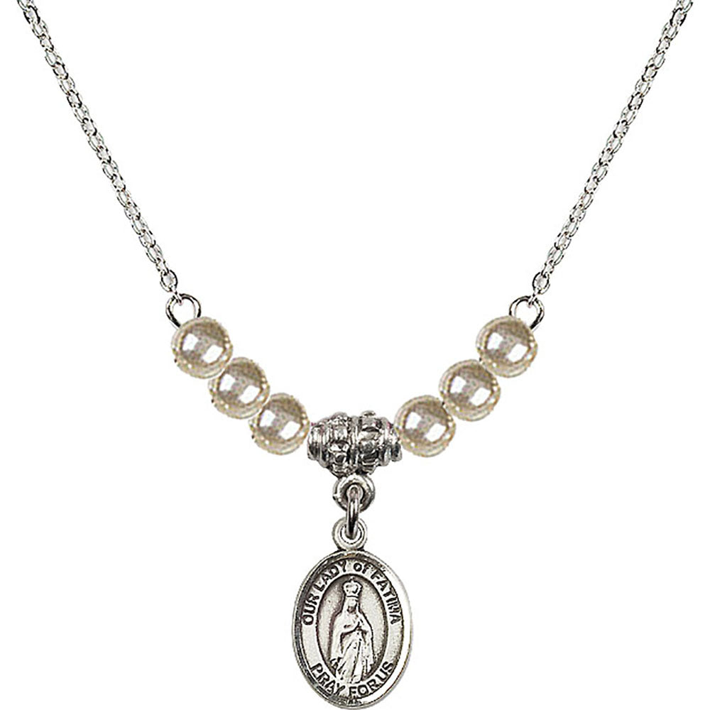 Sterling Silver Our Lady of Fatima Birthstone Necklace with Faux-Pearl Beads - 9205