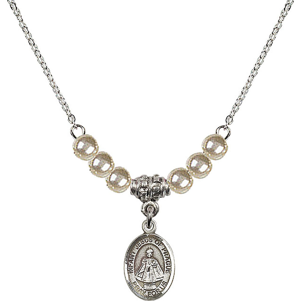 Sterling Silver Infant of Prague Birthstone Necklace with Faux-Pearl Beads - 9207