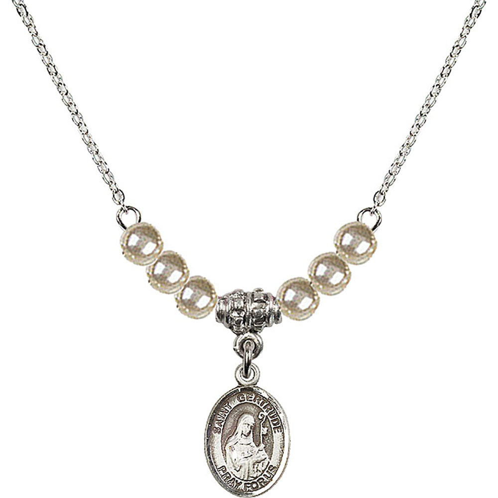 Sterling Silver Saint Gertrude of Nivelles Birthstone Necklace with Faux-Pearl Beads - 9219