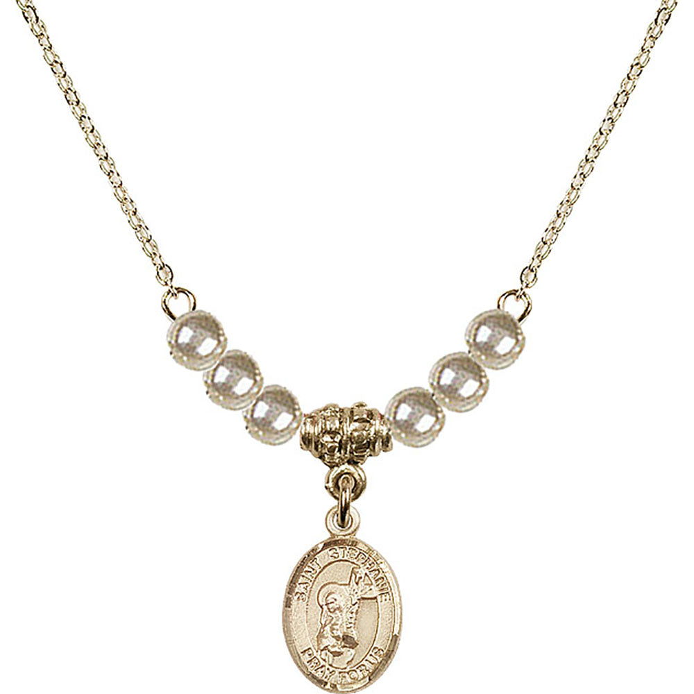 14kt Gold Filled Saint Stephanie Birthstone Necklace with Faux-Pearl Beads - 9228