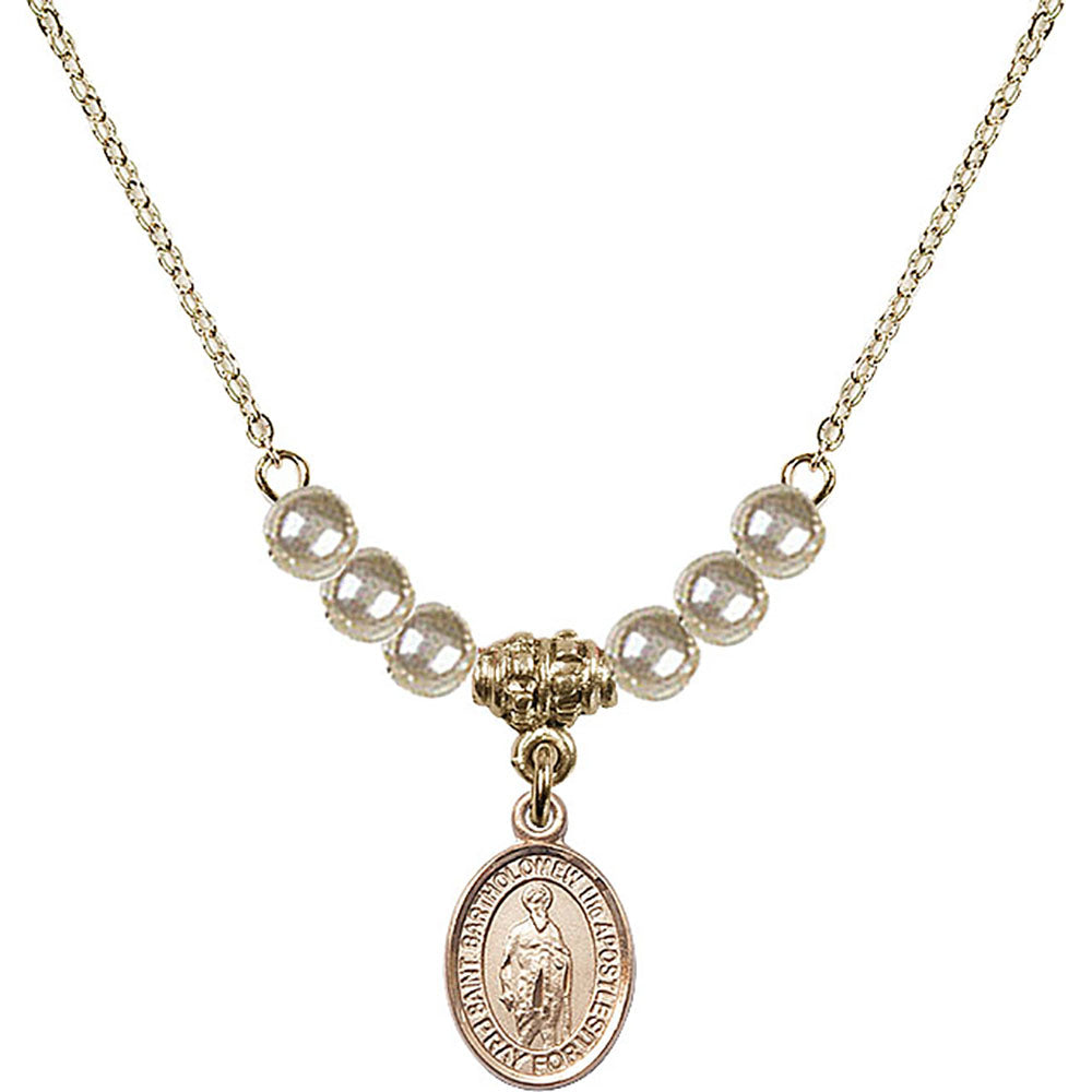 14kt Gold Filled Saint Bartholomew the Apostle Birthstone Necklace with Faux-Pearl Beads - 9238