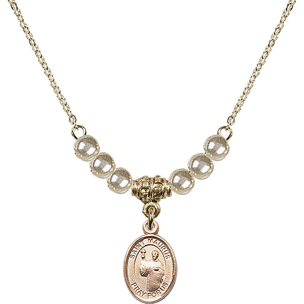 14kt Gold Filled Saint Maurus Birthstone Necklace with Faux-Pearl Beads - 9241