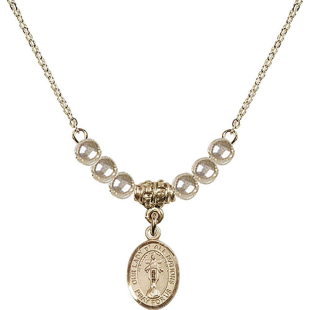 14kt Gold Filled Our Lady of All Nations Birthstone Necklace with Faux-Pearl Beads - 9242