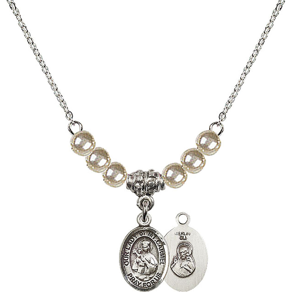 Sterling Silver Our Lady of Mount Carmel Birthstone Necklace with Faux-Pearl Beads - 9243