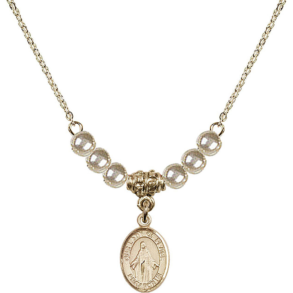 14kt Gold Filled Our Lady of Peace Birthstone Necklace with Faux-Pearl Beads - 9245