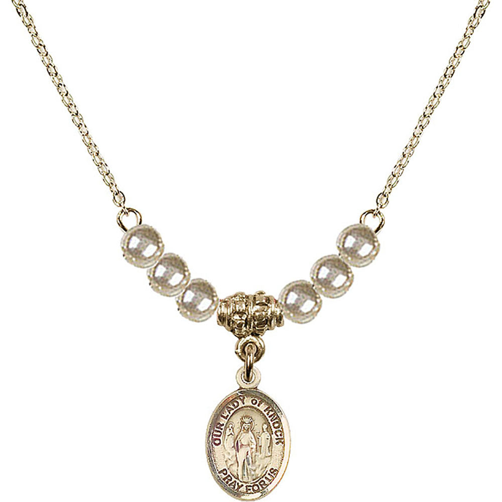 14kt Gold Filled Our Lady of Knock Birthstone Necklace with Faux-Pearl Beads - 9246