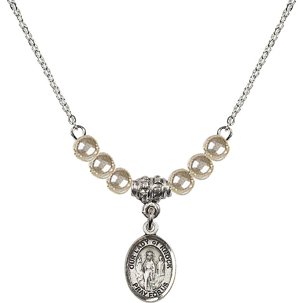 Sterling Silver Our Lady of Knock Birthstone Necklace with Faux-Pearl Beads - 9246