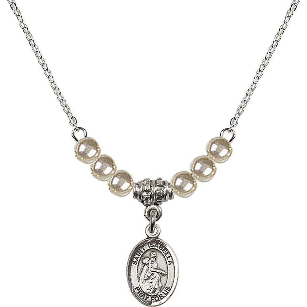 Sterling Silver Saint Isabella of Portugal Birthstone Necklace with Faux-Pearl Beads - 9250