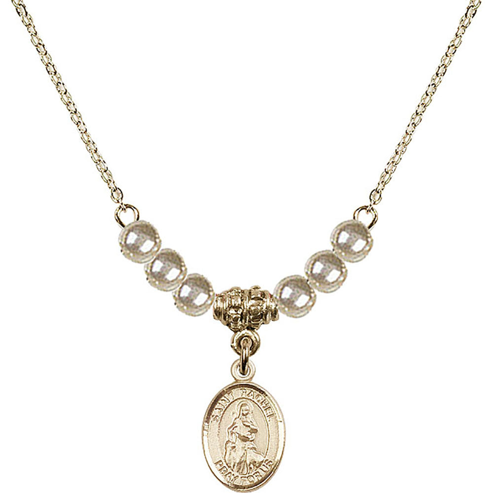 14kt Gold Filled Saint Rachel Birthstone Necklace with Faux-Pearl Beads - 9251