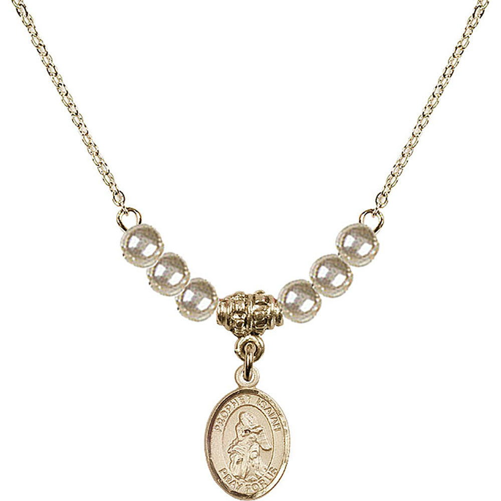 14kt Gold Filled Saint Isaiah Birthstone Necklace with Faux-Pearl Beads - 9258