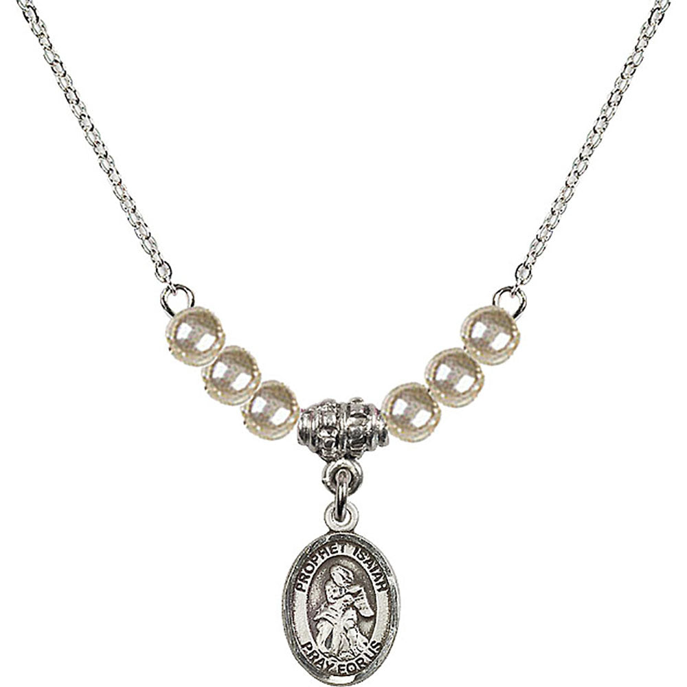 Sterling Silver Saint Isaiah Birthstone Necklace with Faux-Pearl Beads - 9258