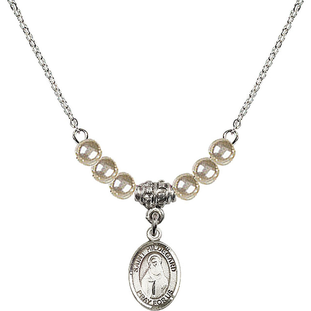 Sterling Silver Saint Hildegard von Bingen Birthstone Necklace with Faux-Pearl Beads - 9260