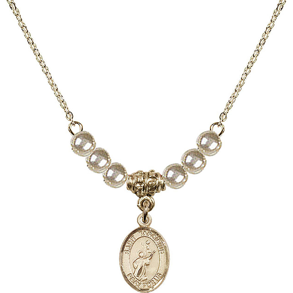 14kt Gold Filled Saint Tarcisius Birthstone Necklace with Faux-Pearl Beads - 9261