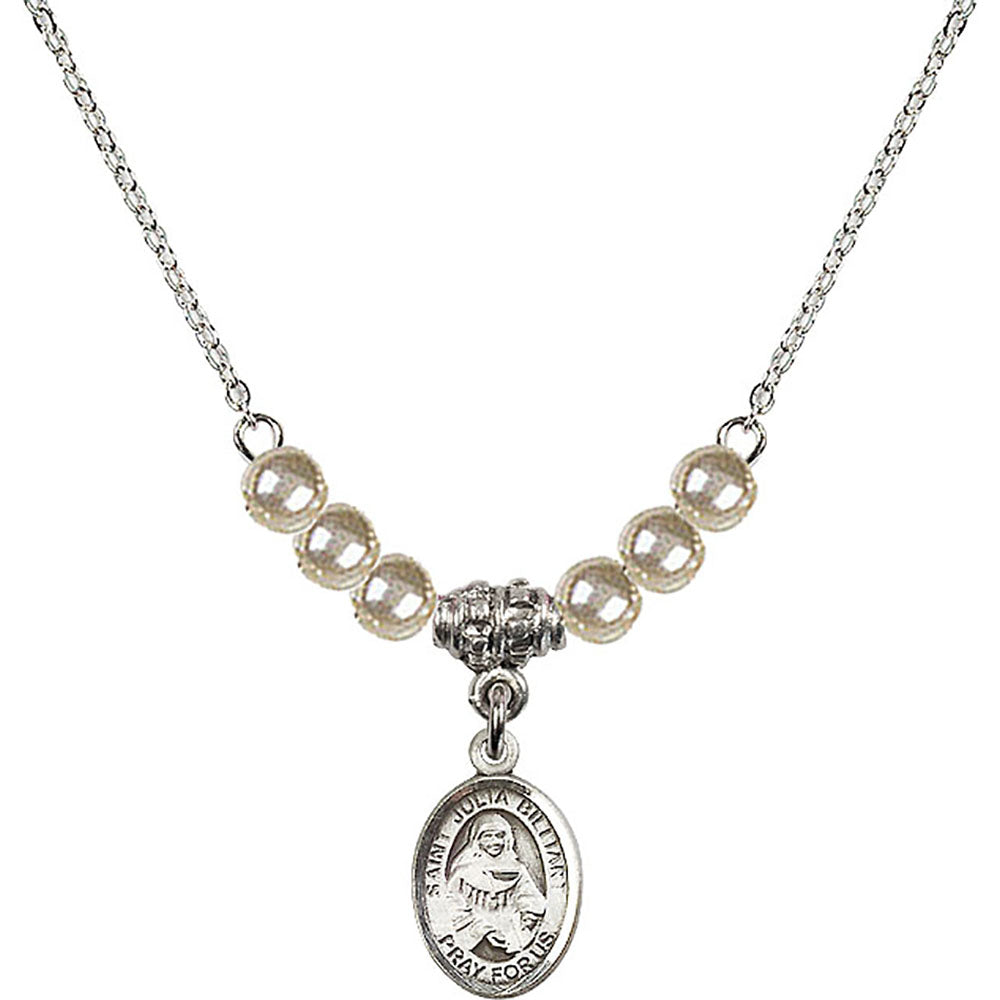 Sterling Silver Saint Julia Billiart Birthstone Necklace with Faux-Pearl Beads - 9267