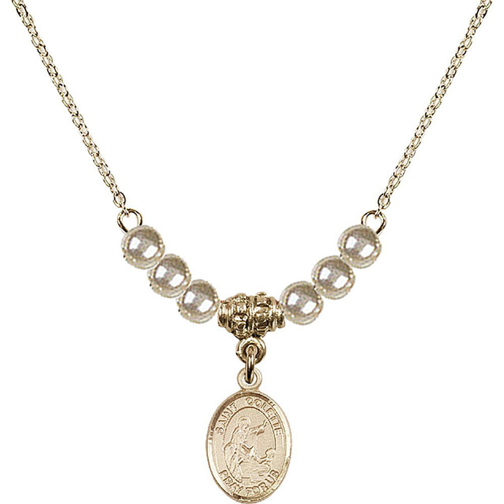 14kt Gold Filled Saint Colette Birthstone Necklace with Faux-Pearl Beads - 9268