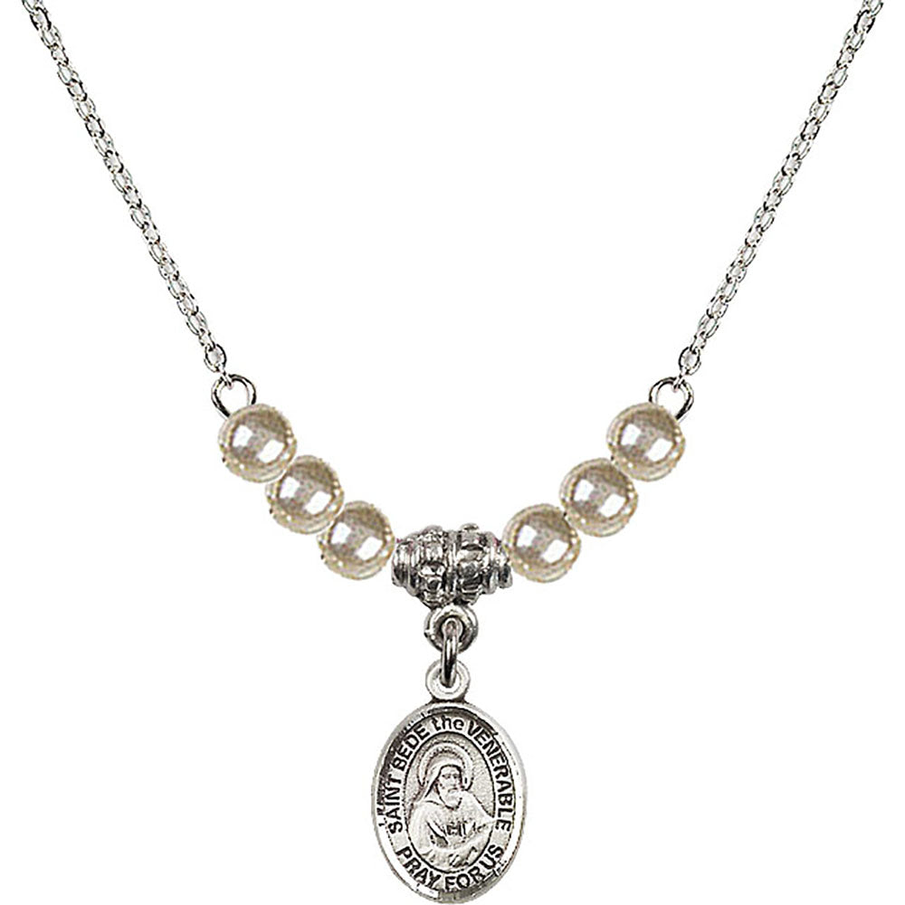 Sterling Silver Saint Bede the Venerable Birthstone Necklace with Faux-Pearl Beads - 9302