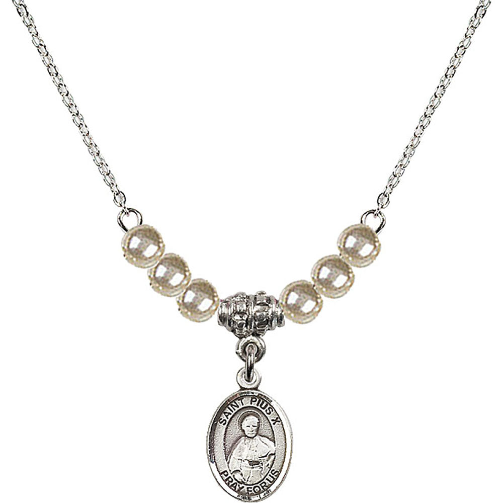 Sterling Silver Saint Pius X Birthstone Necklace with Faux-Pearl Beads - 9305