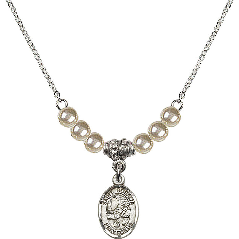 Sterling Silver Saint Rosalia Birthstone Necklace with Faux-Pearl Beads - 9309