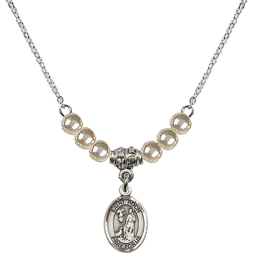 Sterling Silver Saint Roch Birthstone Necklace with Faux-Pearl Beads - 9310
