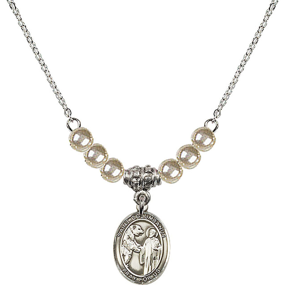 Sterling Silver Saint Columbanus Birthstone Necklace with Faux-Pearl Beads - 9321