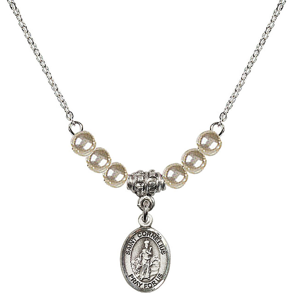 Sterling Silver Saint Cornelius Birthstone Necklace with Faux-Pearl Beads - 9325