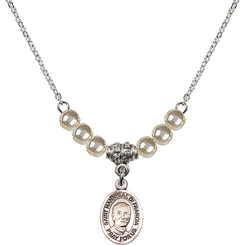 Sterling Silver Saint Hannibal Birthstone Necklace with Faux-Pearl Beads - 9327