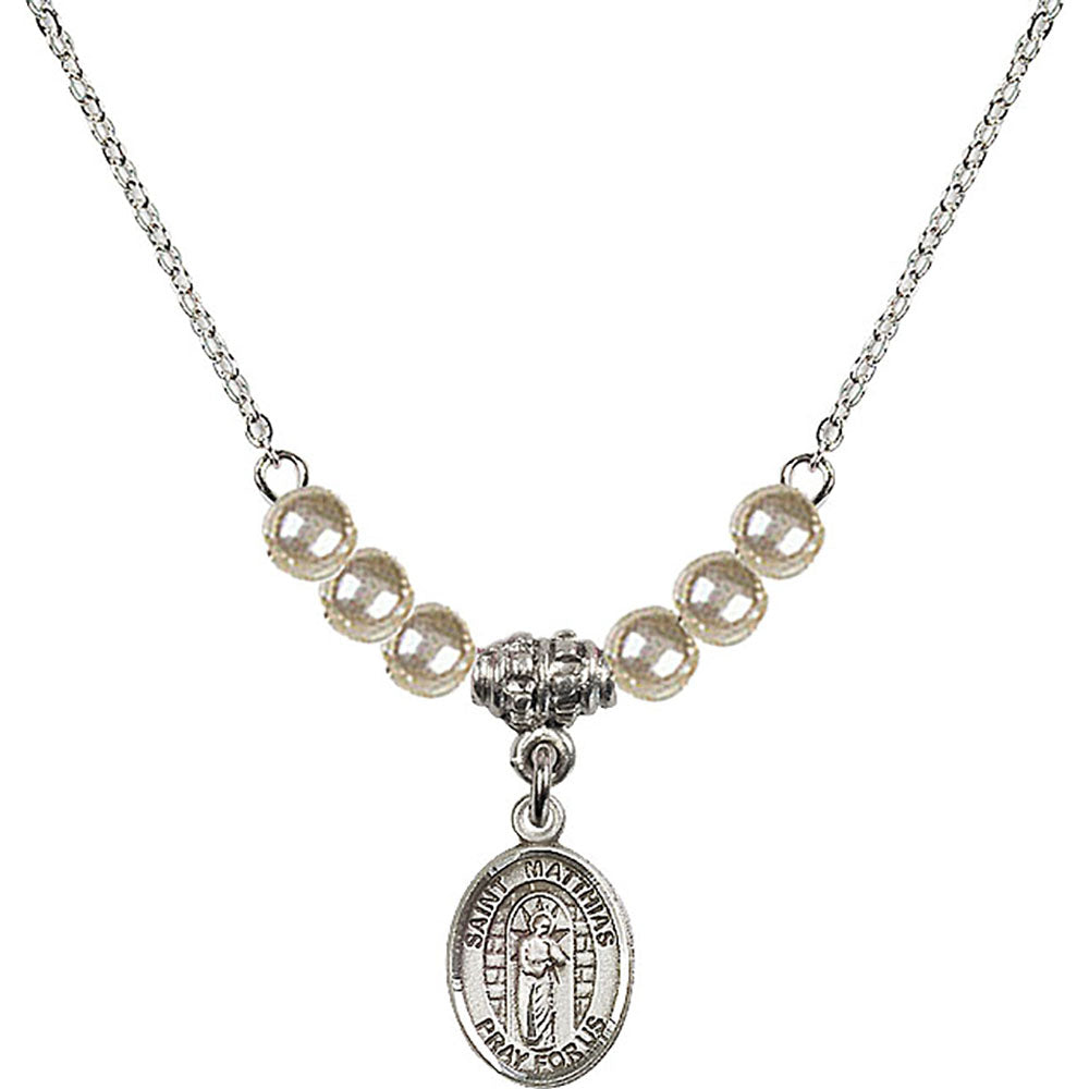 Sterling Silver Saint Matthias the Apostle Birthstone Necklace with Faux-Pearl Beads - 9331