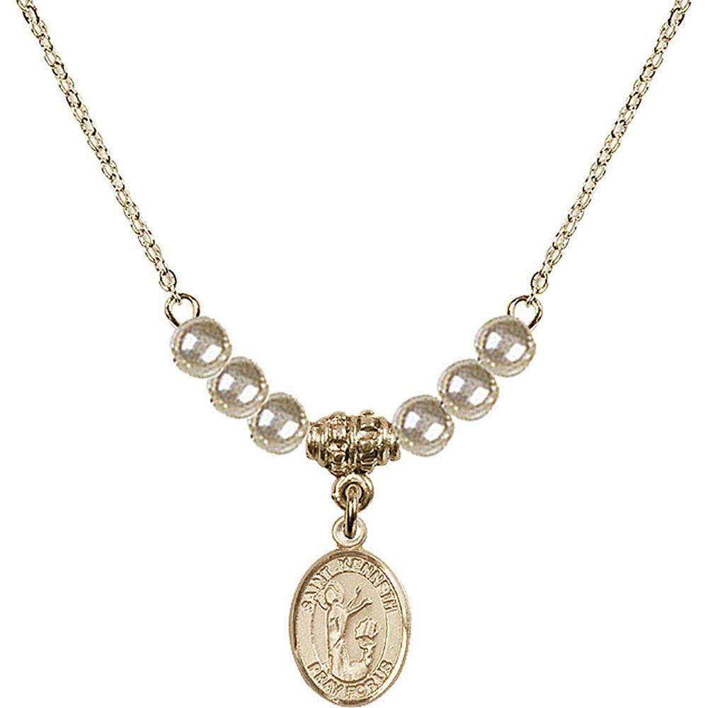 14kt Gold Filled Saint Kenneth Birthstone Necklace with Faux-Pearl Beads - 9332