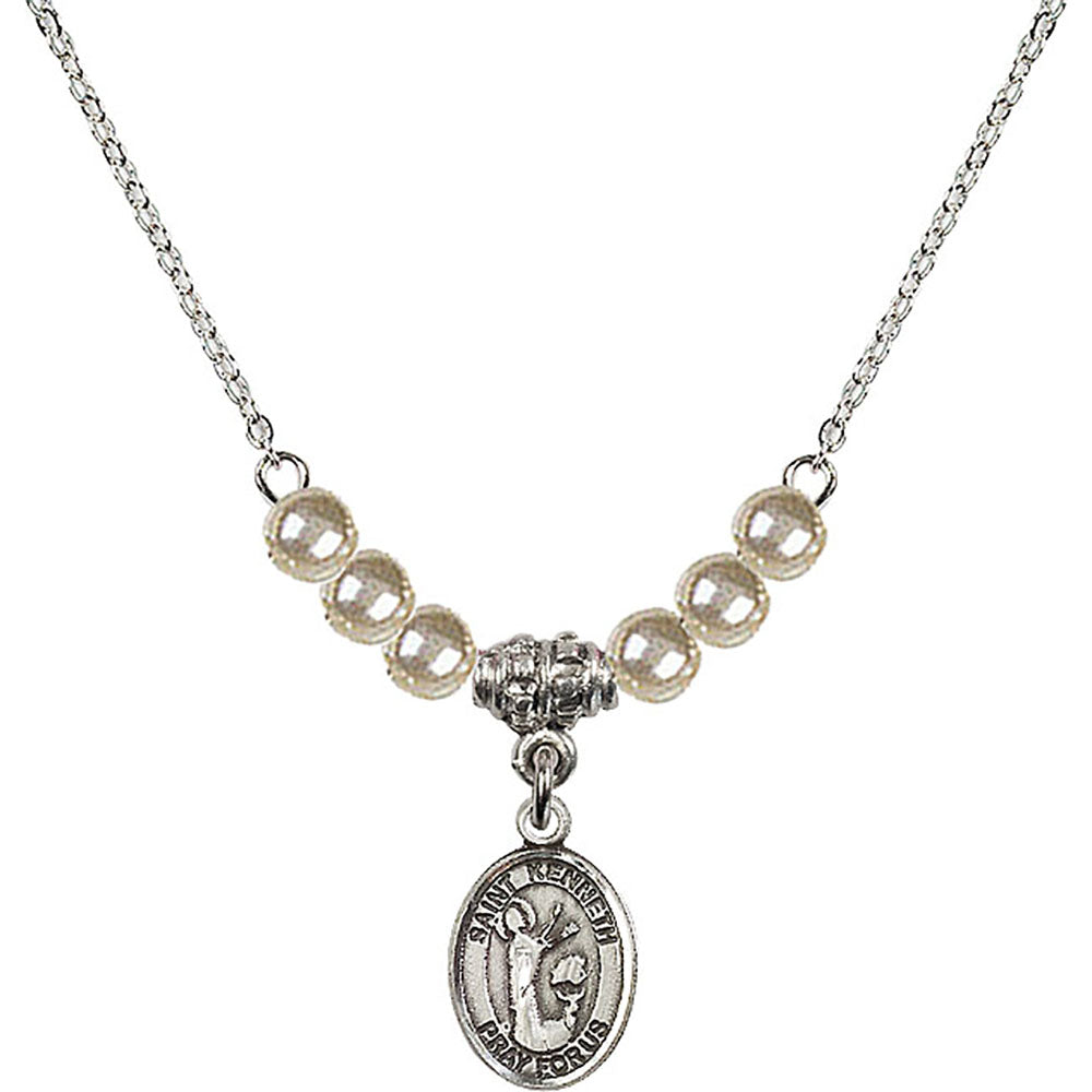 Sterling Silver Saint Kenneth Birthstone Necklace with Faux-Pearl Beads - 9332