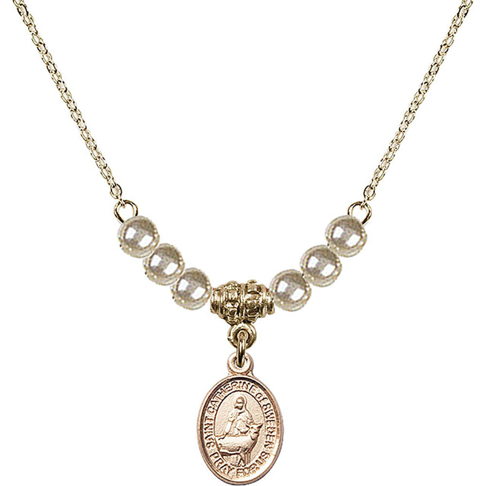 14kt Gold Filled Saint Catherine of Sweden Birthstone Necklace with Faux-Pearl Beads - 9336